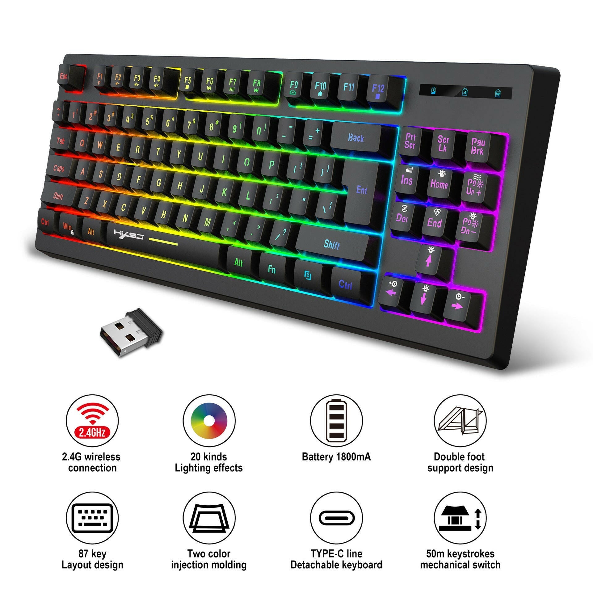 . 87-Key Wireless Membrane Keyboard – RGB Backlit, 2.4G USB - GoTypical