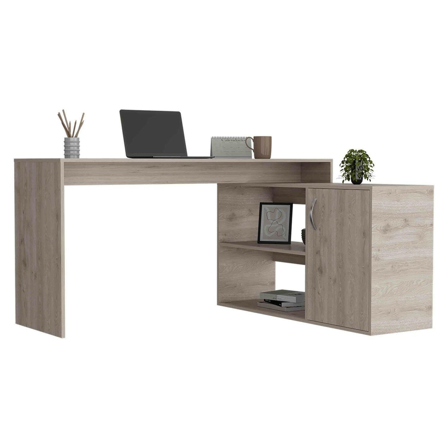 L-Shaped Writing Desk – Beige with Storage Shelves & Cabinet - GoTypical