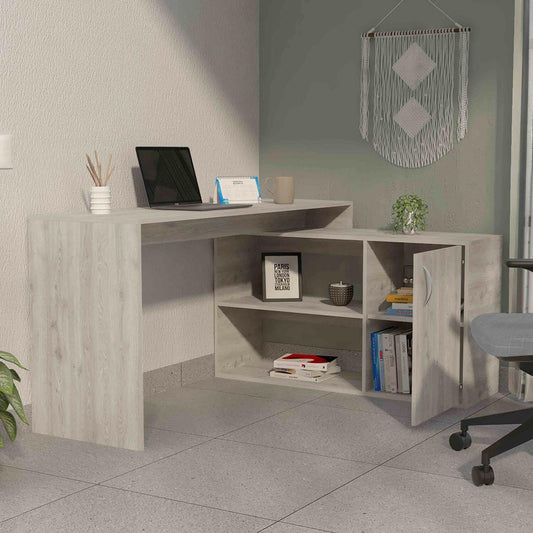 L-Shaped Writing Desk – Beige with Storage Shelves & Cabinet - GoTypical