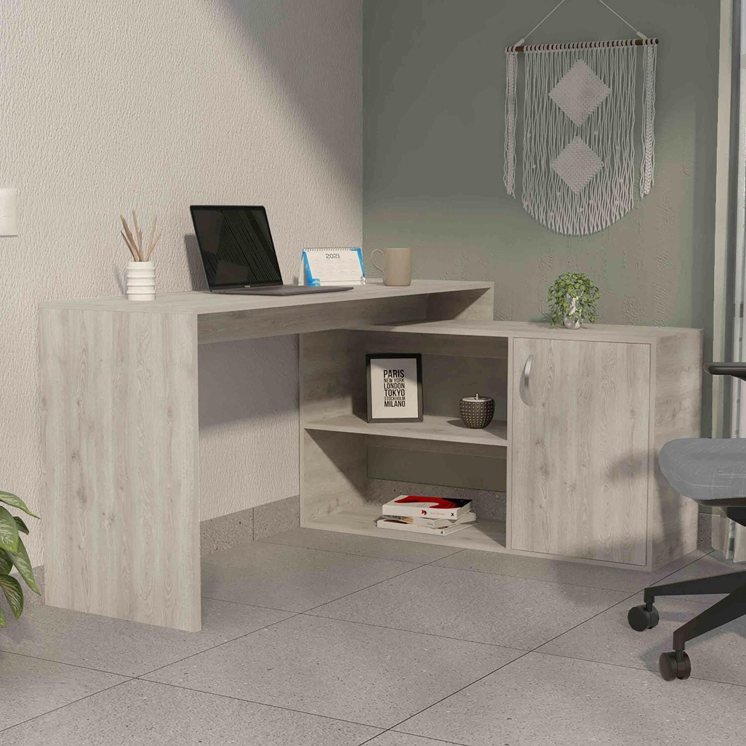 L-Shaped Writing Desk – Beige with Storage Shelves & Cabinet - GoTypical
