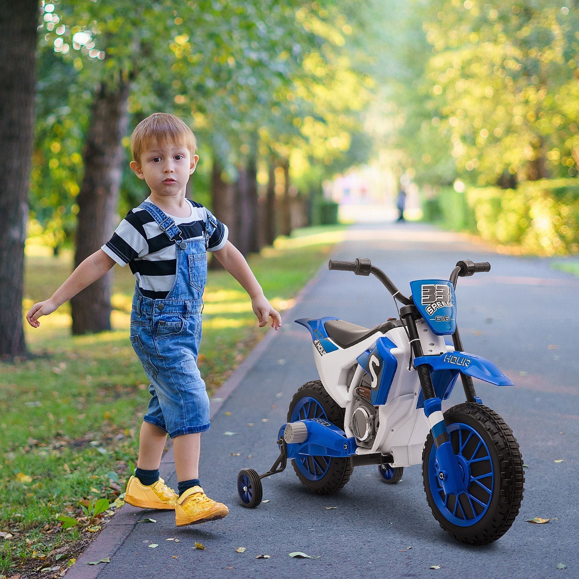 Aosom 12V Kids Motorcycle Dirt Bike Electric Battery - Powered Ride - On Toy Off - road Street Bike with Charging Battery, Training Wheels Blue - GoTypical