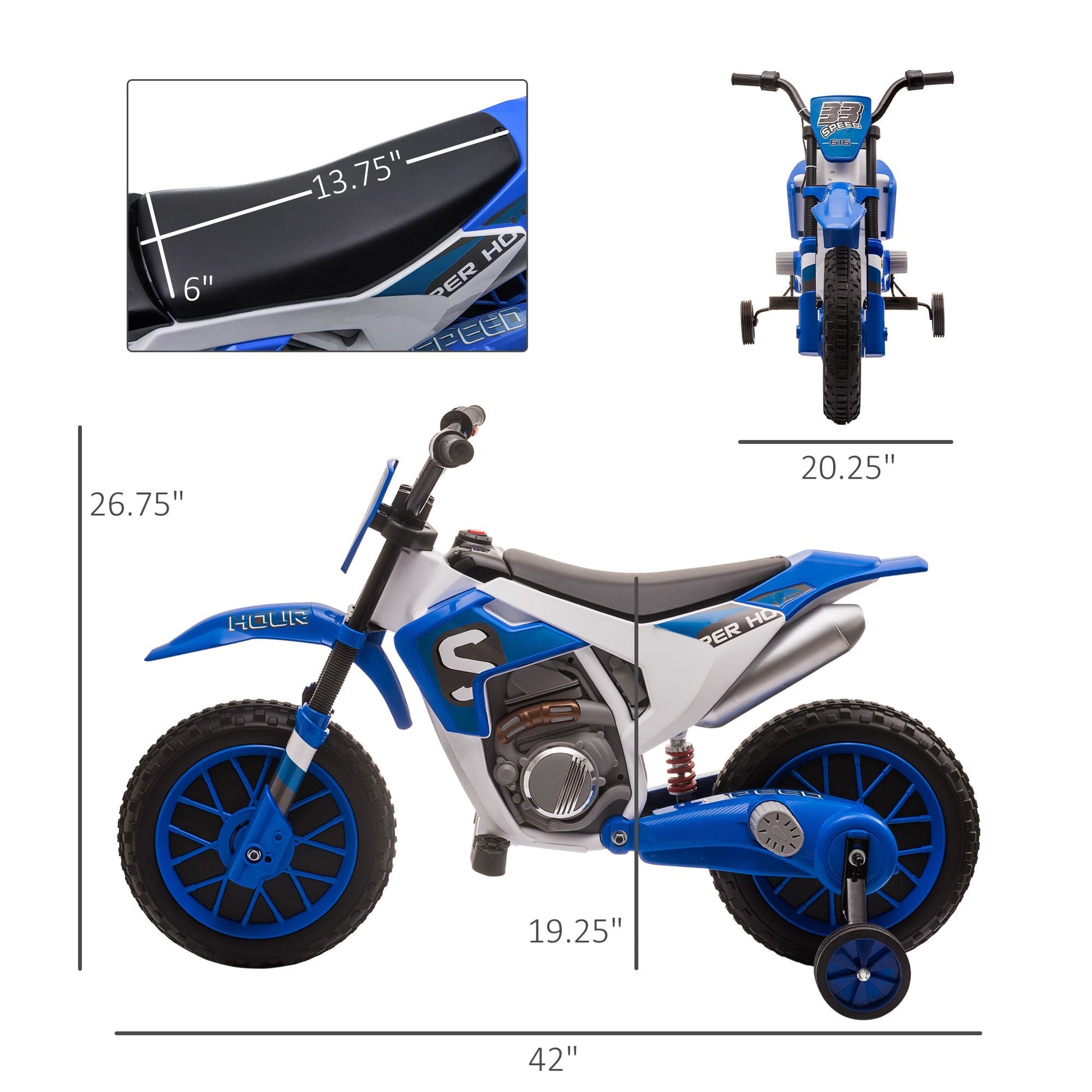 Aosom 12V Kids Motorcycle Dirt Bike Electric Battery - Powered Ride - On Toy Off - road Street Bike with Charging Battery, Training Wheels Blue - GoTypical