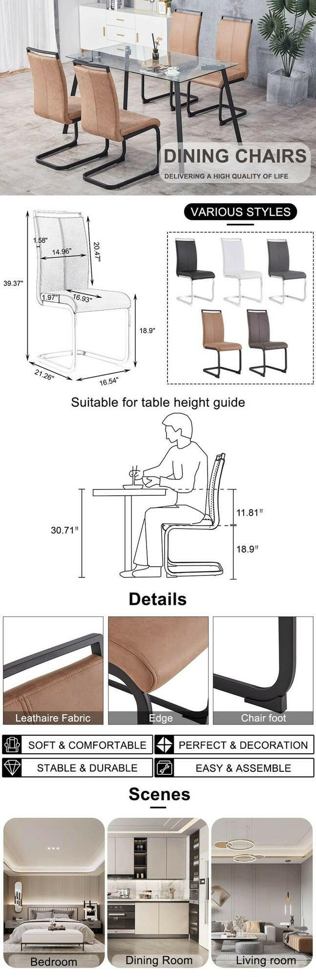 . Tech Cloth Dining Chairs – Brown High Back with Metal Legs Set of 2 - GoTypical