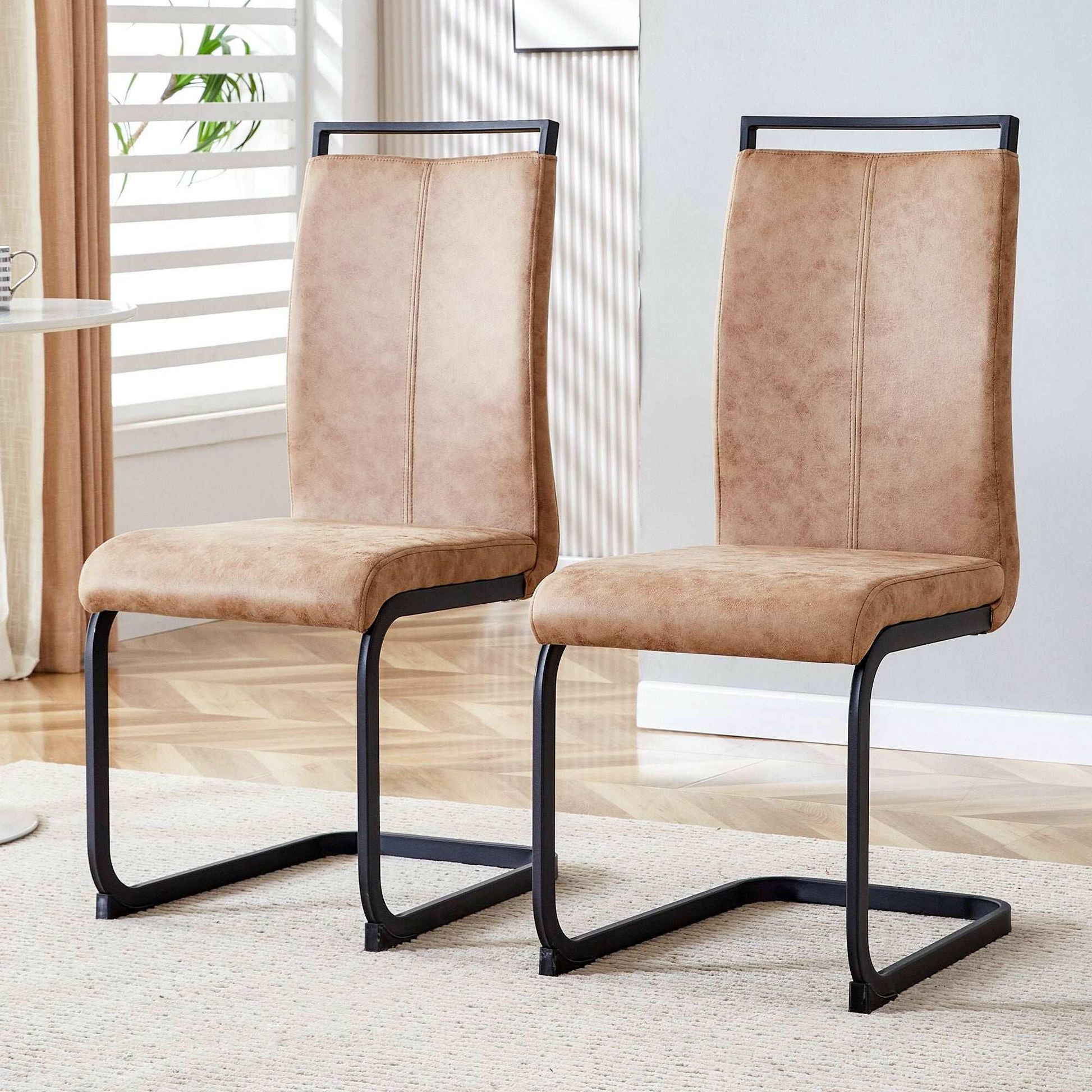 . Tech Cloth Dining Chairs – Brown High Back with Metal Legs Set of 2 - GoTypical