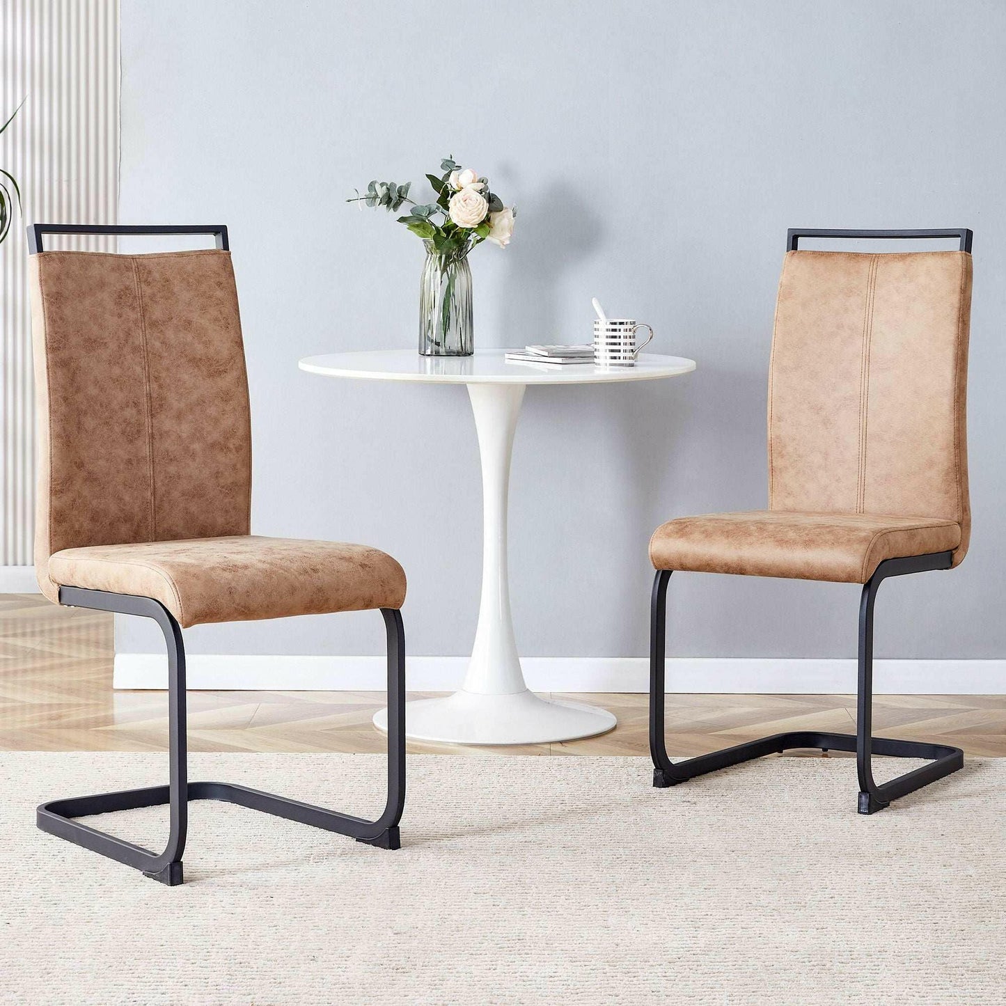 . Tech Cloth Dining Chairs – Brown High Back with Metal Legs Set of 2 - GoTypical