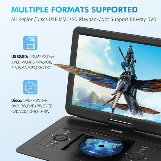 17.9" Portable DVD Player with 15.6" HD Swivel Screen, Support Multiple DVD CD Formats/USB/SD Card/Sync TV, 6 Hours Rechargeable Battery, Car Charger, Remote Control, Region Free.