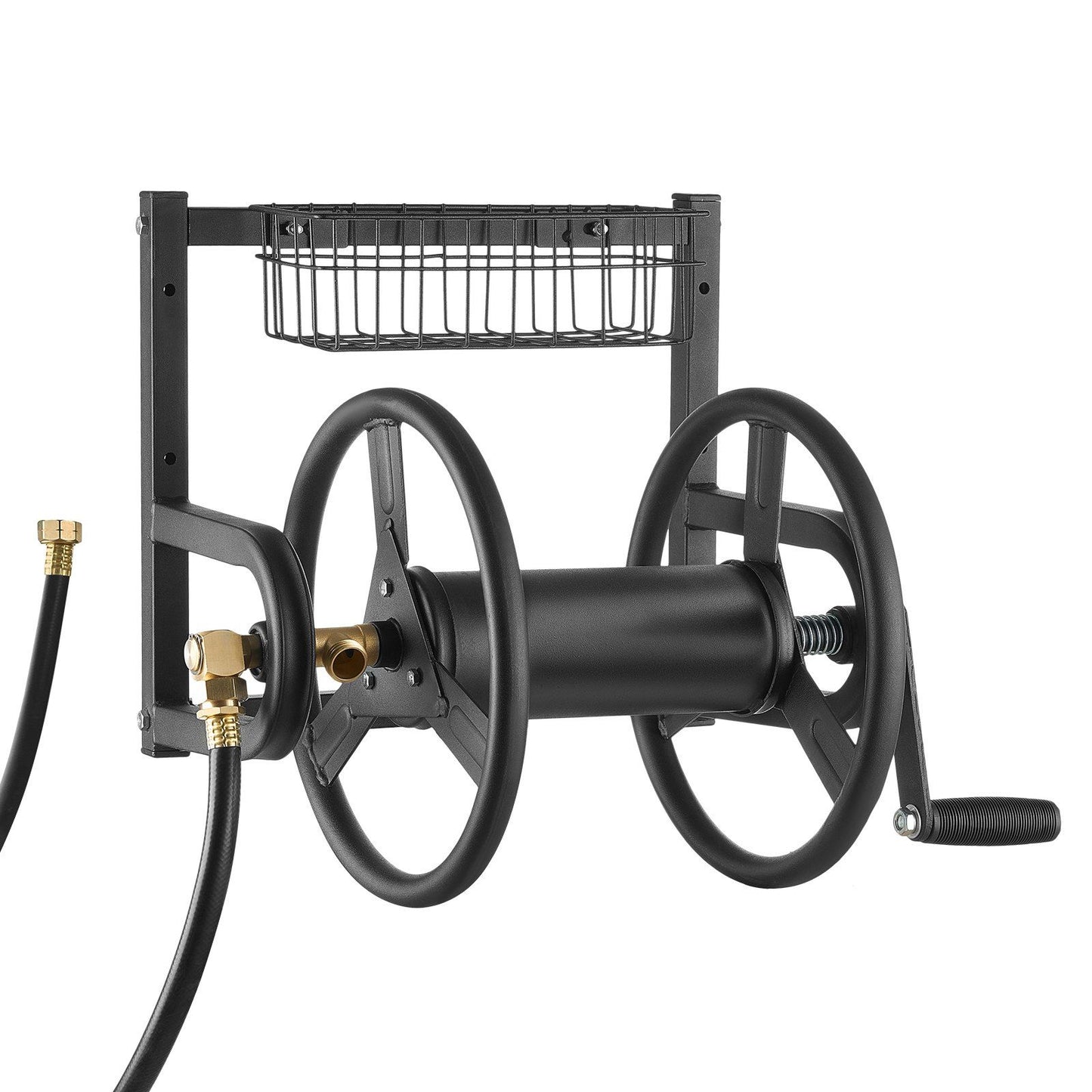 Wall Mounted Garden Hose Reel 125ft 5/8 in Hose Holder Brass Fitting & Basket - GoTypical