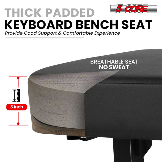 5 CORE Keyboard Bench Piano Stool T Style Black Thick Padded Cushion Seat | Height Adjustable 17 to 22 inch | Keyboard Chair (PU Leather) KBB H-ADJ BLK.