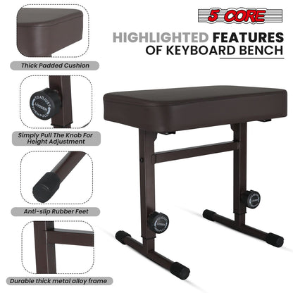 5 CORE Keyboard Bench Piano Stool T Style Brown Thick Padded Cushion Seat | Height Adjustable 17 to 22 inch | Keyboard Chair (PU Leather) KBB H-ADJ BR.