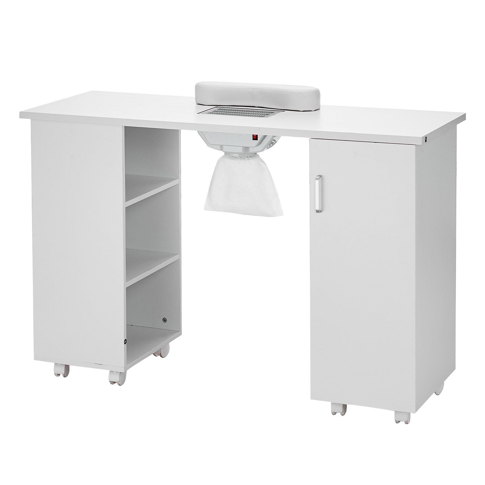 VEVOR Manicure Table, Nail Table Station with Electric Dust Collector, Moveable Nail Tech Desk with 8 Wheels (4 Lockable), 3 Dust Bag & Wrist Rest, MDF Nail Art Workstation for Spa Beauty Salon, White.