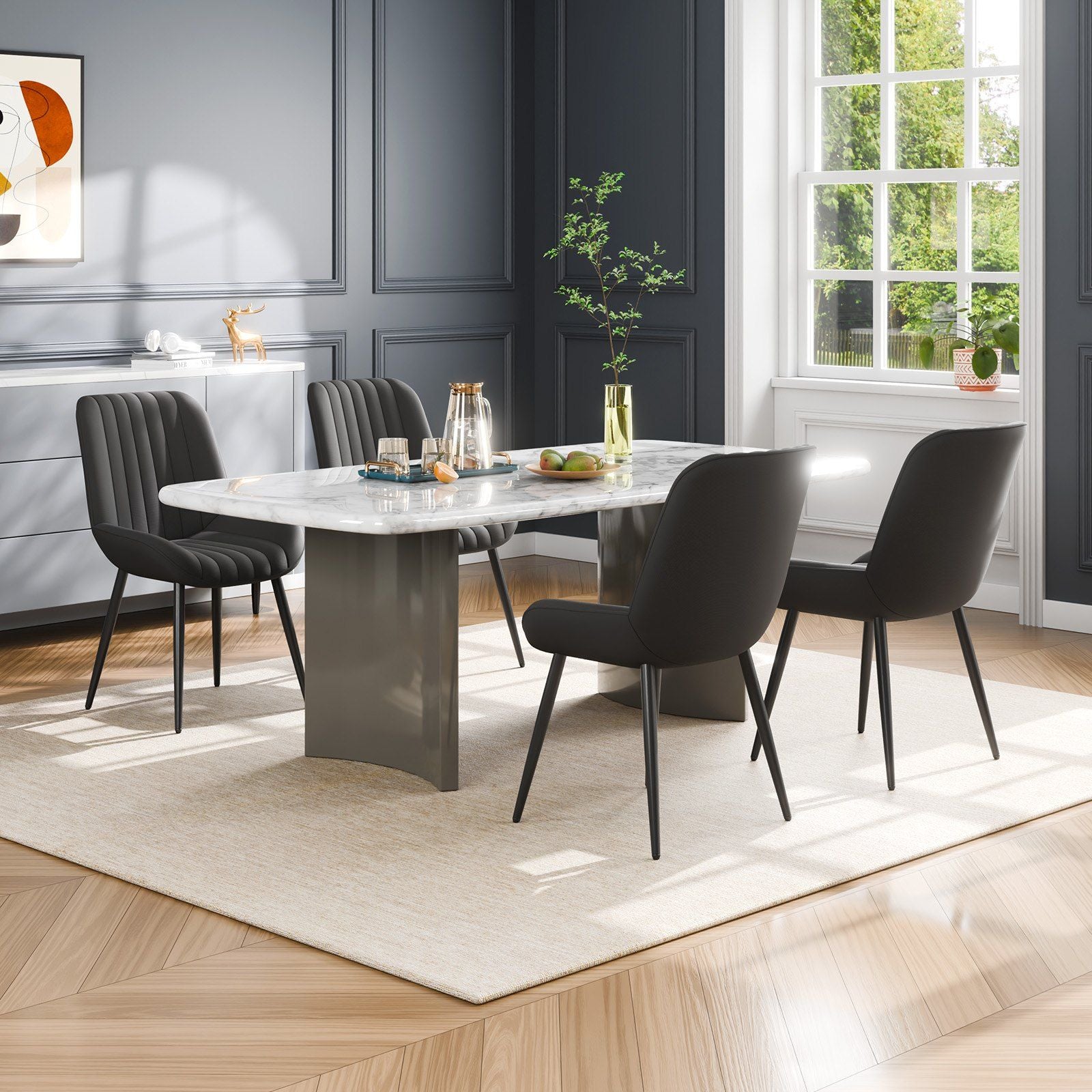 Set of 4 Dining Chairs Modern Fabric Kitchen Side Chair Back Metal Legs Black.