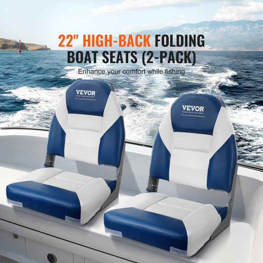 VEVOR Boat Seats, 21.85" High Back Boat Seat, Folding Boat Chair with Thickened Sponge Padding and Hinge, Fold-Down Boat Captain Chairs for Fishing Boat, Sightseeing Boat, Speedboat, Canoe, 2-Pack.