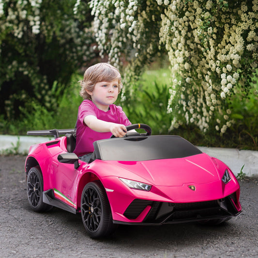 Qaba 12V Lamborghini Huracan Licensed Kids Electric Car with Parent Remote Control, Spring Suspension, Training Wheel, Pink.