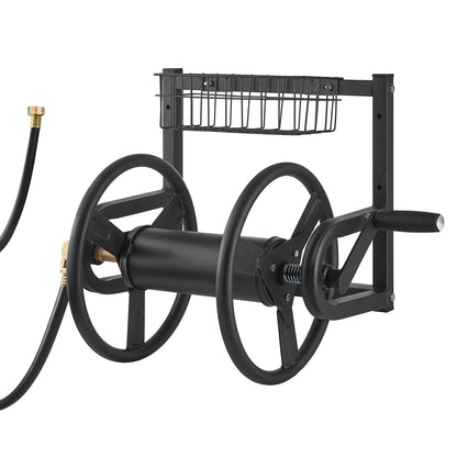 Wall Mounted Garden Hose Reel 125ft 5/8 in Hose Holder Brass Fitting & Basket - GoTypical