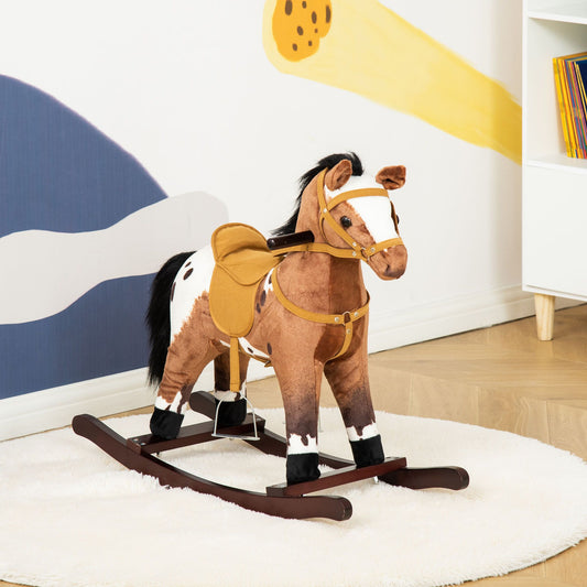 Qaba Kids Metal Plush Ride-On Rocking Horse Chair Toy With Realistic Sounds - Dark Brown/White.