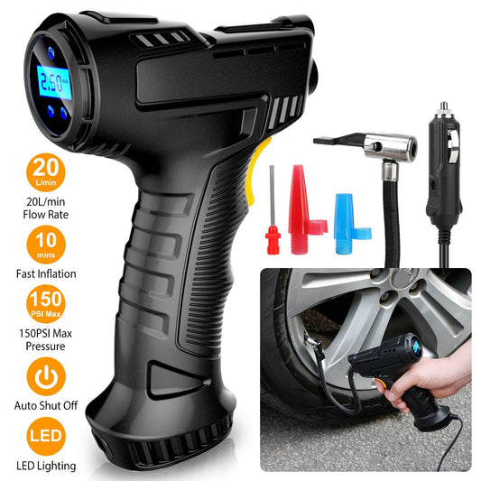 Compact 12V Digital Tire Inflator with LED Light - 150 PSI Portable Air Pump for Cars.