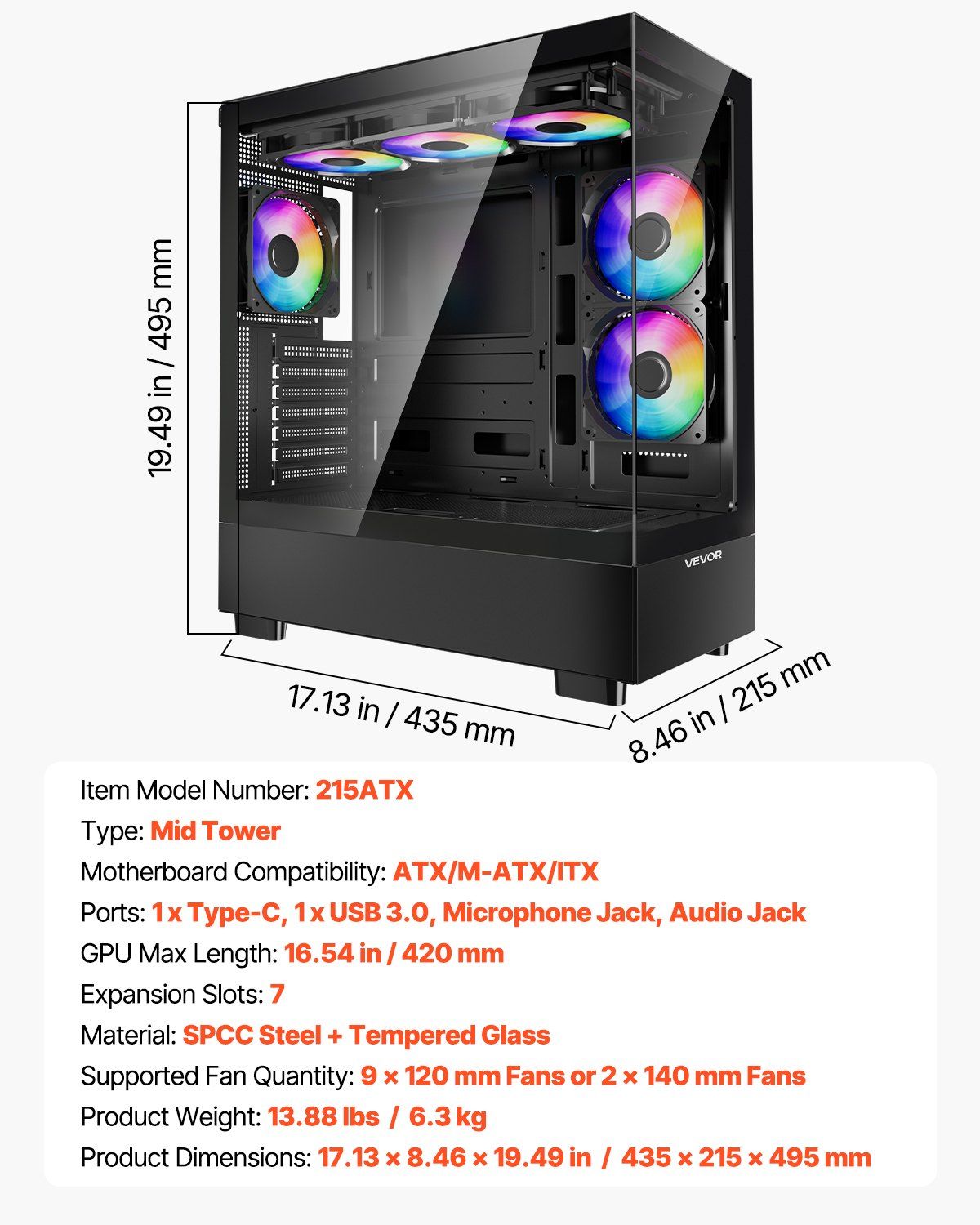 Mid-Tower ATX PC Gaming Case Computer Case with 6 x 120 mm PWM ARGB Fans - GoTypical