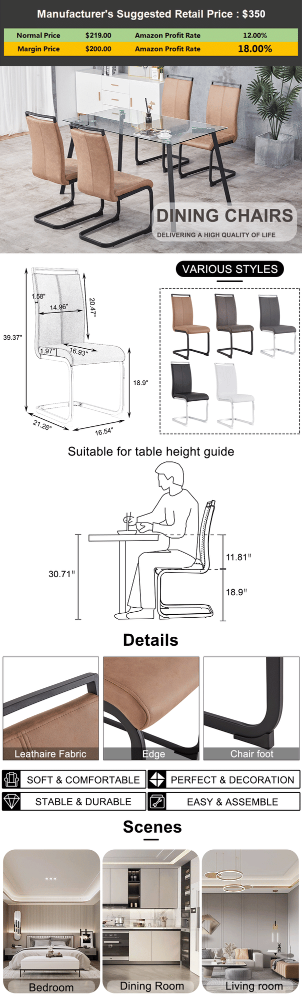 Dining Chairs,tech cloth High Back Upholstered Side Chair with C-shaped Tube Black Metal Legs for Dining Room Kitchen Vanity Patio Club Guest Office chair (Set of 2) Brown1162.