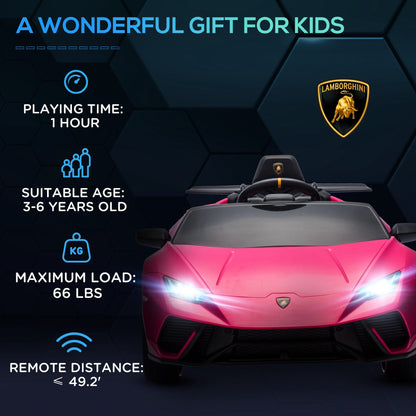 Qaba 12V Lamborghini Huracan Licensed Kids Electric Car with Parent Remote Control, Spring Suspension, Training Wheel, Pink.