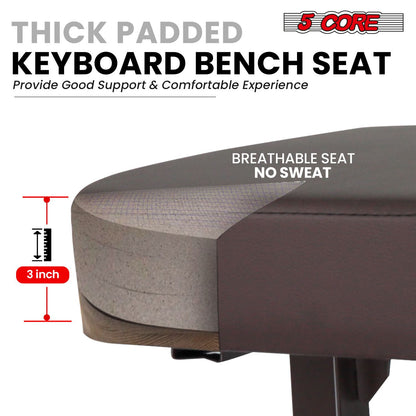 5 CORE Keyboard Bench Piano Stool T Style Brown Thick Padded Cushion Seat | Height Adjustable 17 to 22 inch | Keyboard Chair (PU Leather) KBB H-ADJ BR.