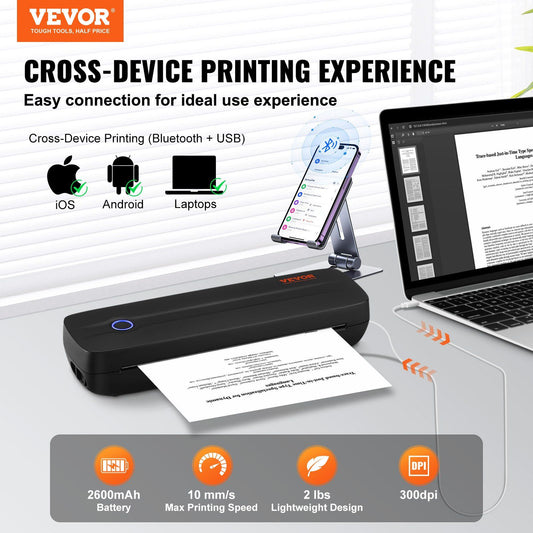 VEVOR Portable Thermal Printer - 2600mAh Battery, 300 DPI, Bluetooth Inkless Mobile Printer for A4, A5 & 8.5" x 11" Thermal Paper, Compatible with iOS, Android & Laptop, for Travel, Office & Home Use.