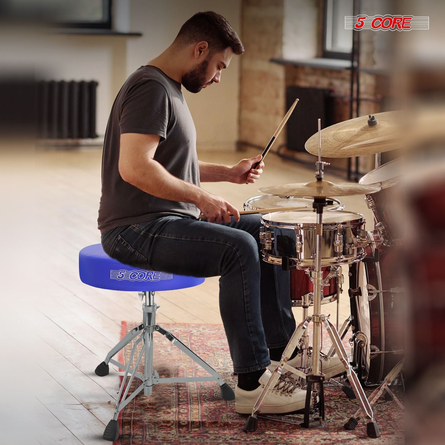5 CORE Drum Throne Padded Guitar Stool Height Adjustable Music Chair Seat Universal for Adults & Kids with Anti Slip Rubber Feet DS CH BLU.