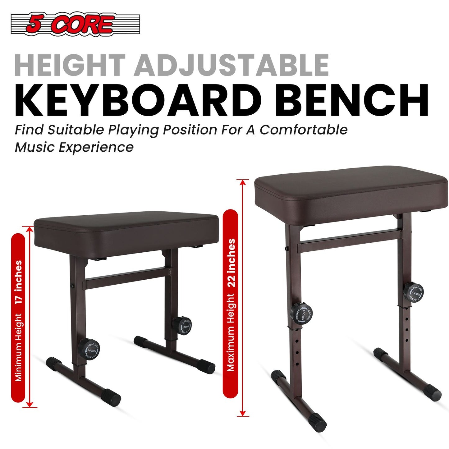 5 CORE Keyboard Bench Piano Stool T Style Brown Thick Padded Cushion Seat | Height Adjustable 17 to 22 inch | Keyboard Chair (PU Leather) KBB H-ADJ BR.