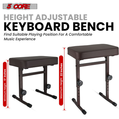 5 CORE Keyboard Bench Piano Stool T Style Brown Thick Padded Cushion Seat | Height Adjustable 17 to 22 inch | Keyboard Chair (PU Leather) KBB H-ADJ BR.