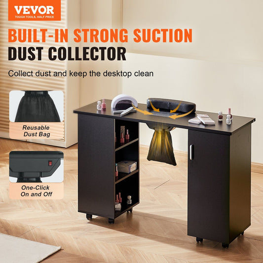 VEVOR Manicure Table, Nail Table Station with Electric Dust Collector, Moveable Nail Tech Desk with 8 Wheels (4 Lockable), 3 Dust Bag & Wrist Rest, MDF Nail Art Workstation for Spa Beauty Salon, Black.