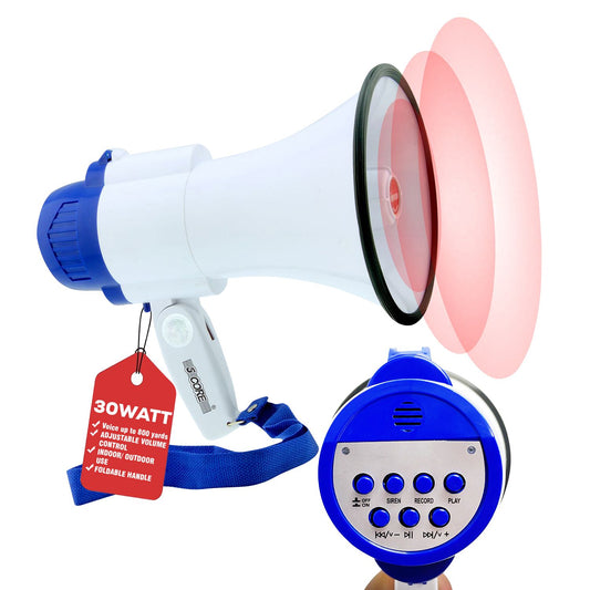 5 Core Megaphone Bull Horn 30W Loud Speaker 800 Yards Range Rechargeable Portable USB Bullhorn w Recording Volume Control Siren Noise Maker for Kids and Adults for Cheerleading Football Safety Drills - GoTypical