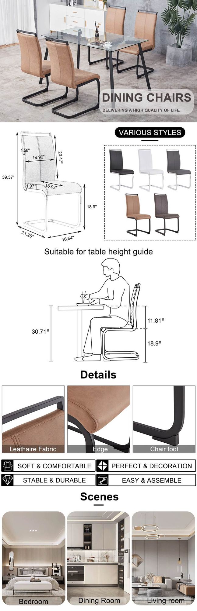 Dining Chairs,tech cloth High Back Upholstered Side Chair with C-shaped Tube Black Metal Legs for Dining Room Kitchen Vanity Patio Club Guest Office chair (Set of 2) Brown1162.