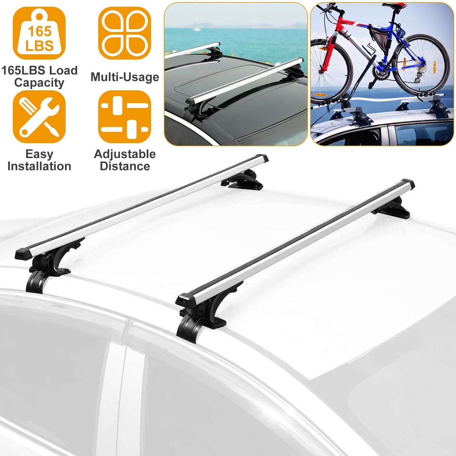 47.24in Universal Top Roof Rack Cross Bar Cargo Carrier Aluminum Crossbar Rack w/ 165LBS Capacity Fit for Most Vehicle Wagon Car Without Roof Side Rail.