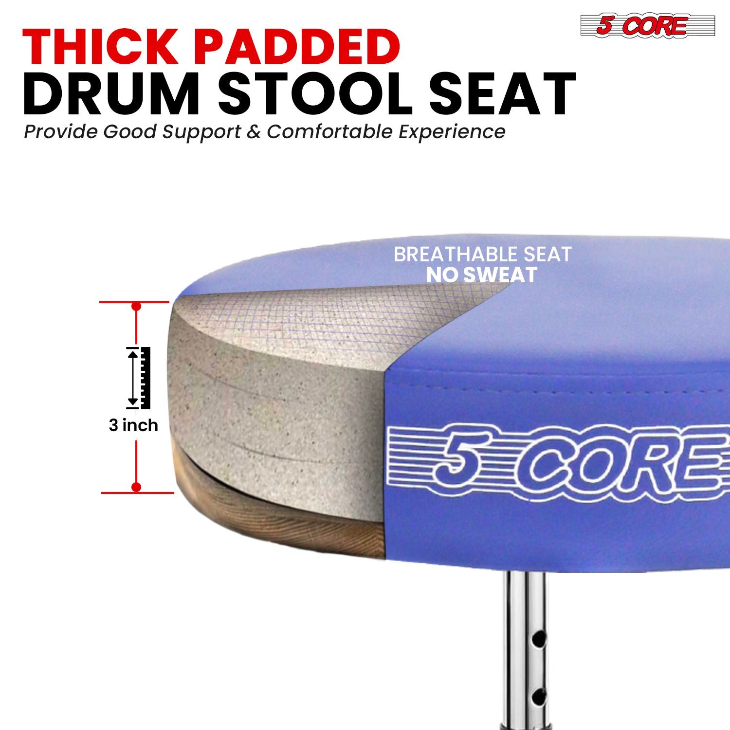 5 CORE Drum Throne Padded Guitar Stool Height Adjustable Music Chair Seat Universal for Adults & Kids with Anti Slip Rubber Feet DS CH BLU.
