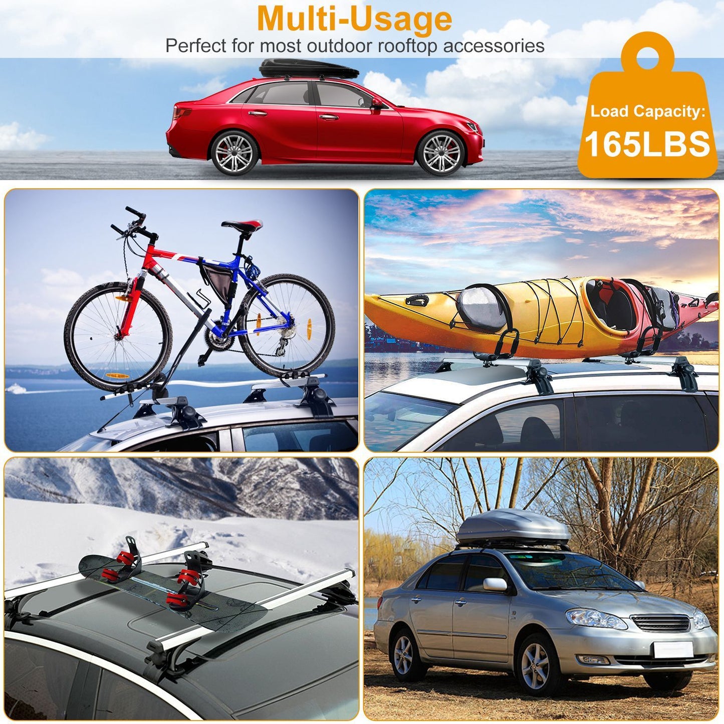 47.24in Universal Top Roof Rack Cross Bar Cargo Carrier Aluminum Crossbar Rack w/ 165LBS Capacity Fit for Most Vehicle Wagon Car Without Roof Side Rail.