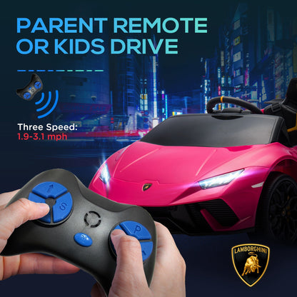 Qaba 12V Lamborghini Huracan Licensed Kids Electric Car with Parent Remote Control, Spring Suspension, Training Wheel, Pink.