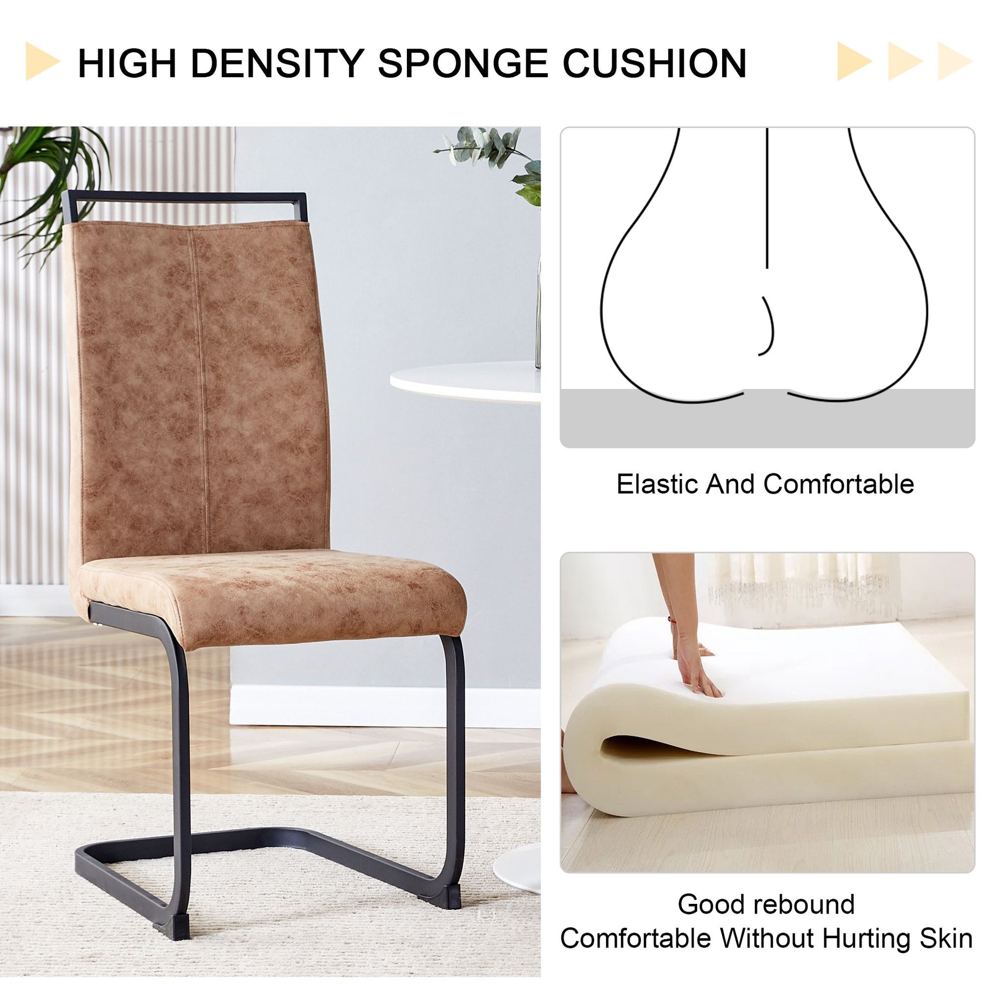 Dining Chairs,tech cloth High Back Upholstered Side Chair with C-shaped Tube Black Metal Legs for Dining Room Kitchen Vanity Patio Club Guest Office chair (Set of 2) Brown1162.