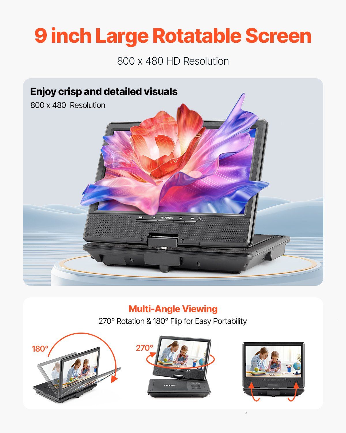VEVOR Portable DVD Player 9 in HD Swivel Display Screen 4 Hours Built-in Battery - GoTypical