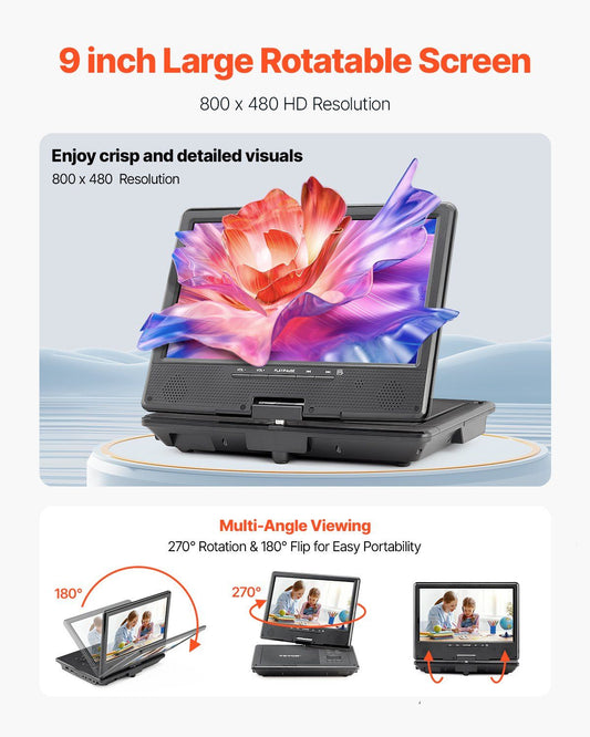 VEVOR Portable DVD Player 9 in HD Swivel Display Screen 4 Hours Built-in Battery - GoTypical