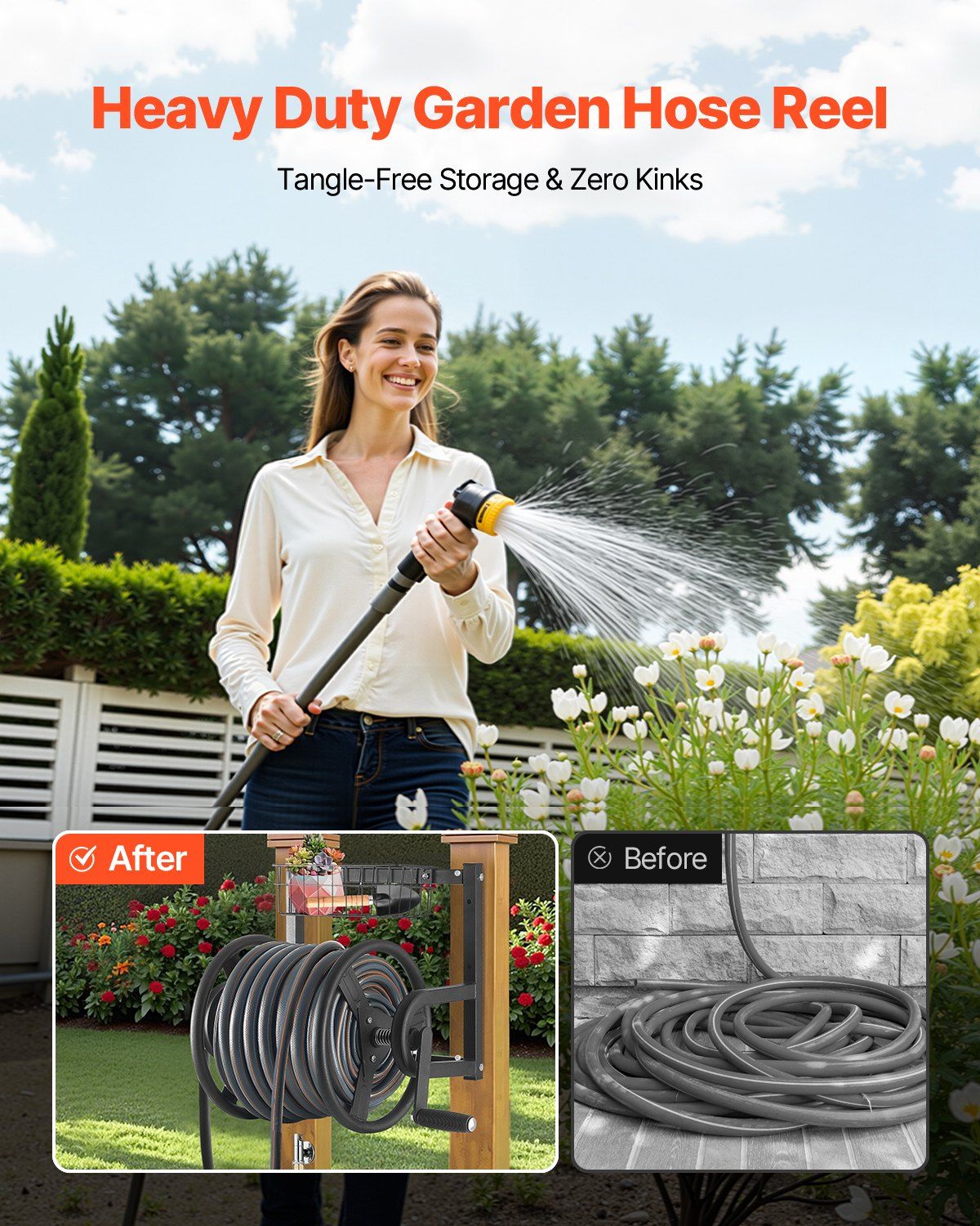 Wall Mounted Garden Hose Reel 125ft 5/8 in Hose Holder Brass Fitting & Basket - GoTypical