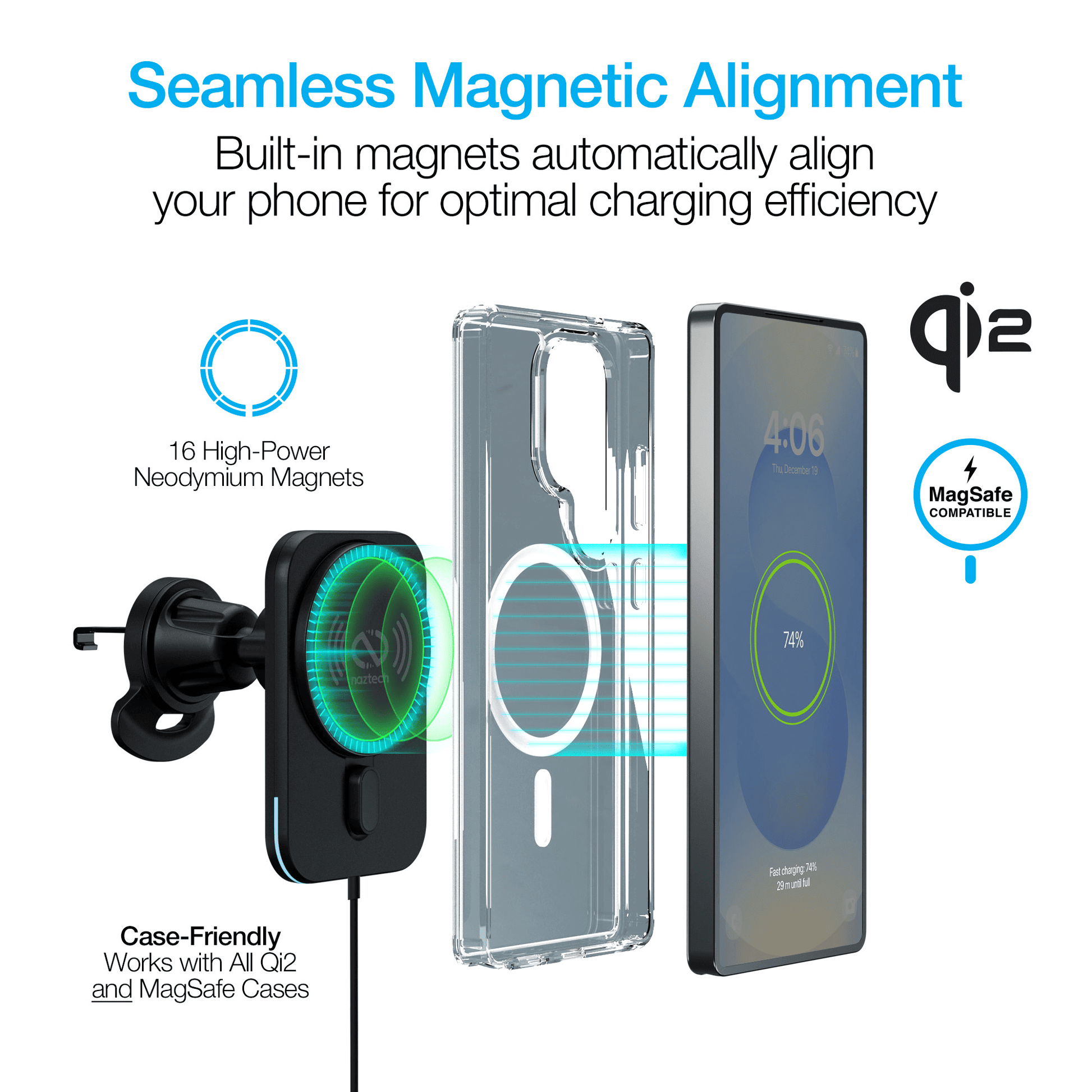 Naztech MagLock CAR 15W Magnetic Wireless Fast Charging Vent Mount with Qi2.
