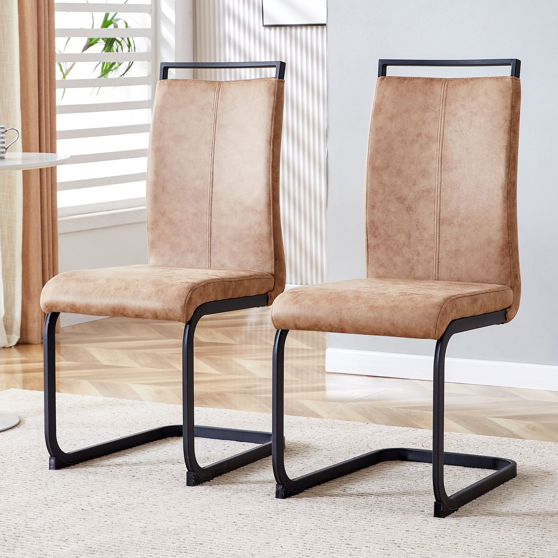 Dining Chairs,tech cloth High Back Upholstered Side Chair with C-shaped Tube Black Metal Legs for Dining Room Kitchen Vanity Patio Club Guest Office chair (Set of 2) Brown1162.