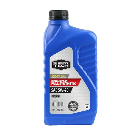 Super Tech High Mileage SAE 5W-20 Full Synthetic Motor Oil for Gasoline Engines, 1 Quart Bottle.
