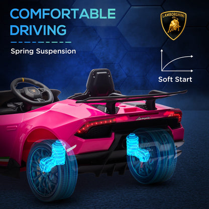 Qaba 12V Lamborghini Huracan Licensed Kids Electric Car with Parent Remote Control, Spring Suspension, Training Wheel, Pink.