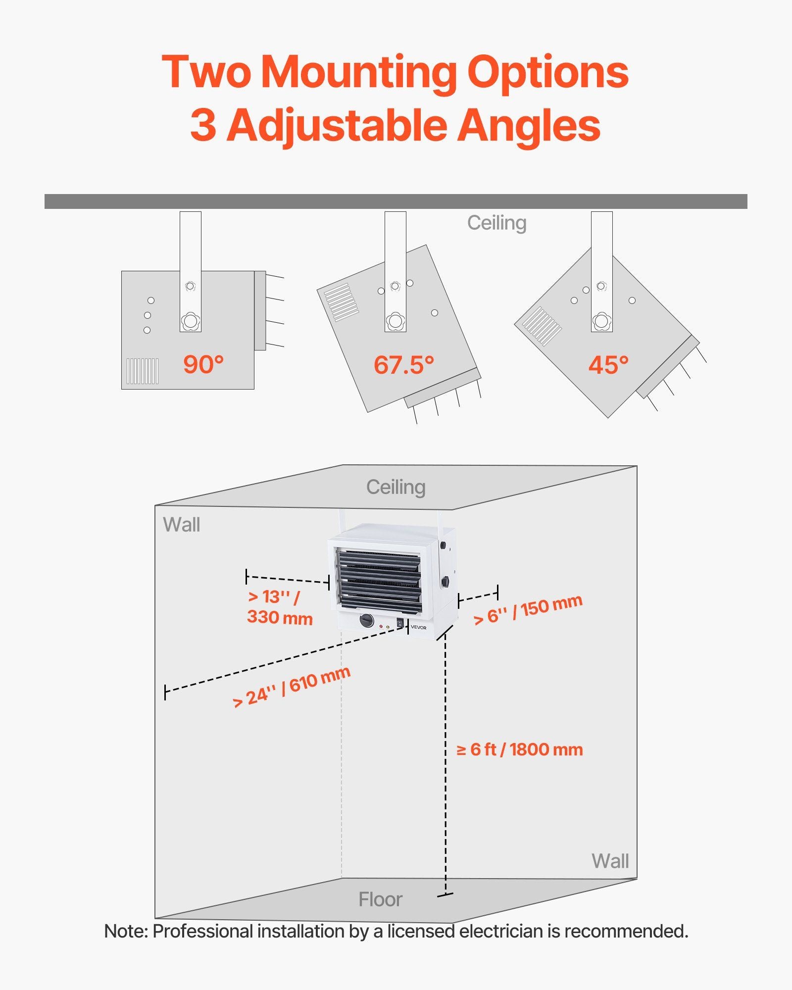 VEVOR Electric Garage Heater, 5000-Watt Wall/Ceiling Mounted Shop Heater for 2 Cars, Overheat Protection & 3 Adjustable Angles, Heavy Duty Commercial for Indoor Workshop Warehouse, 240V White - GoTypical