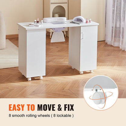 VEVOR Manicure Table, Nail Table Station with Electric Dust Collector, Moveable Nail Tech Desk with 8 Wheels (4 Lockable), 3 Dust Bag & Wrist Rest, MDF Nail Art Workstation for Spa Beauty Salon, White.