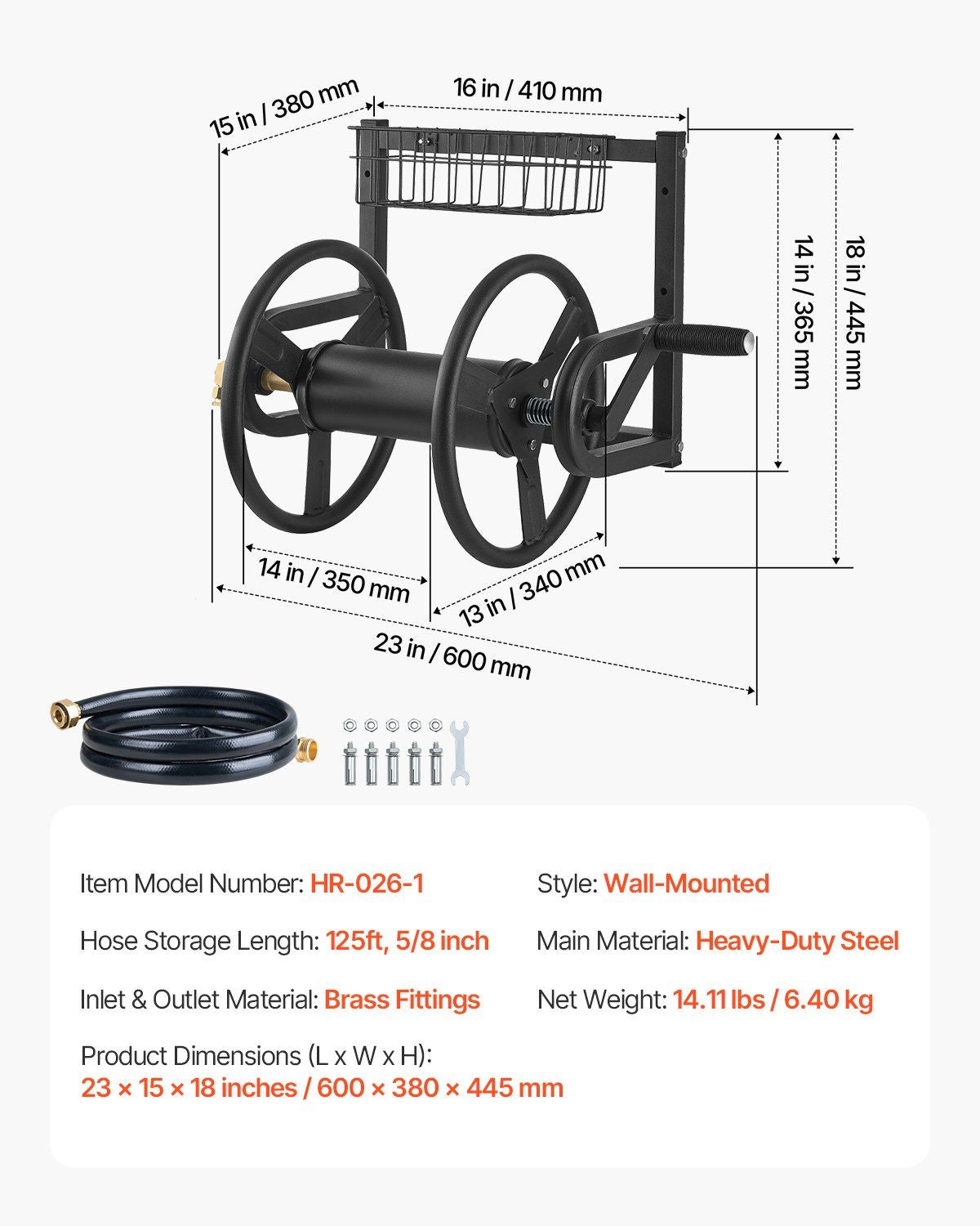Wall Mounted Garden Hose Reel 125ft 5/8 in Hose Holder Brass Fitting & Basket - GoTypical
