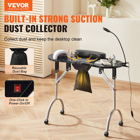 VEVOR Portable Manicure Table, Foldable Nail Table with Electric Dust Collector, Moveable Nail Tech Desk & 4 Wheels, 3 Dust Bags, Bendable LED Lamp, MDF Nail Art Workstation for Home Spa Beauty Salon.