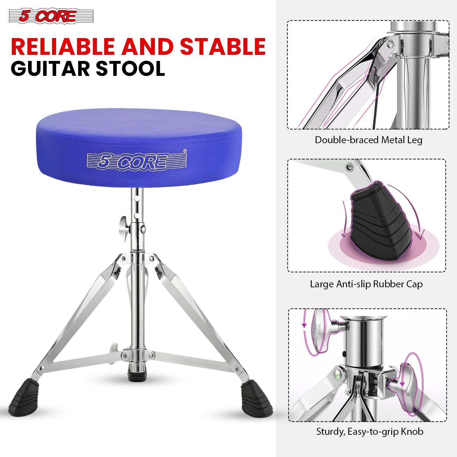 5 CORE Drum Throne Padded Guitar Stool Height Adjustable Music Chair Seat Universal for Adults & Kids with Anti Slip Rubber Feet DS CH BLU.