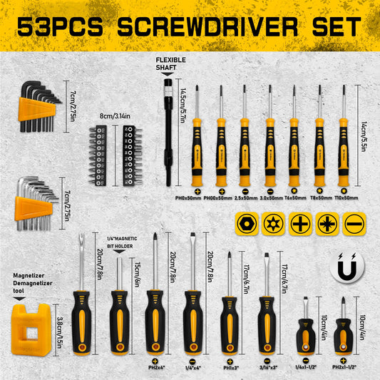 53-PC Magnetic Screwdriver Set with Spudger & Magnetizer - Precision Screwdriver Set,Cr-V Steel Tools for Electronics, Furniture, Cars - All-in-One Repair Kit in Durable Case..