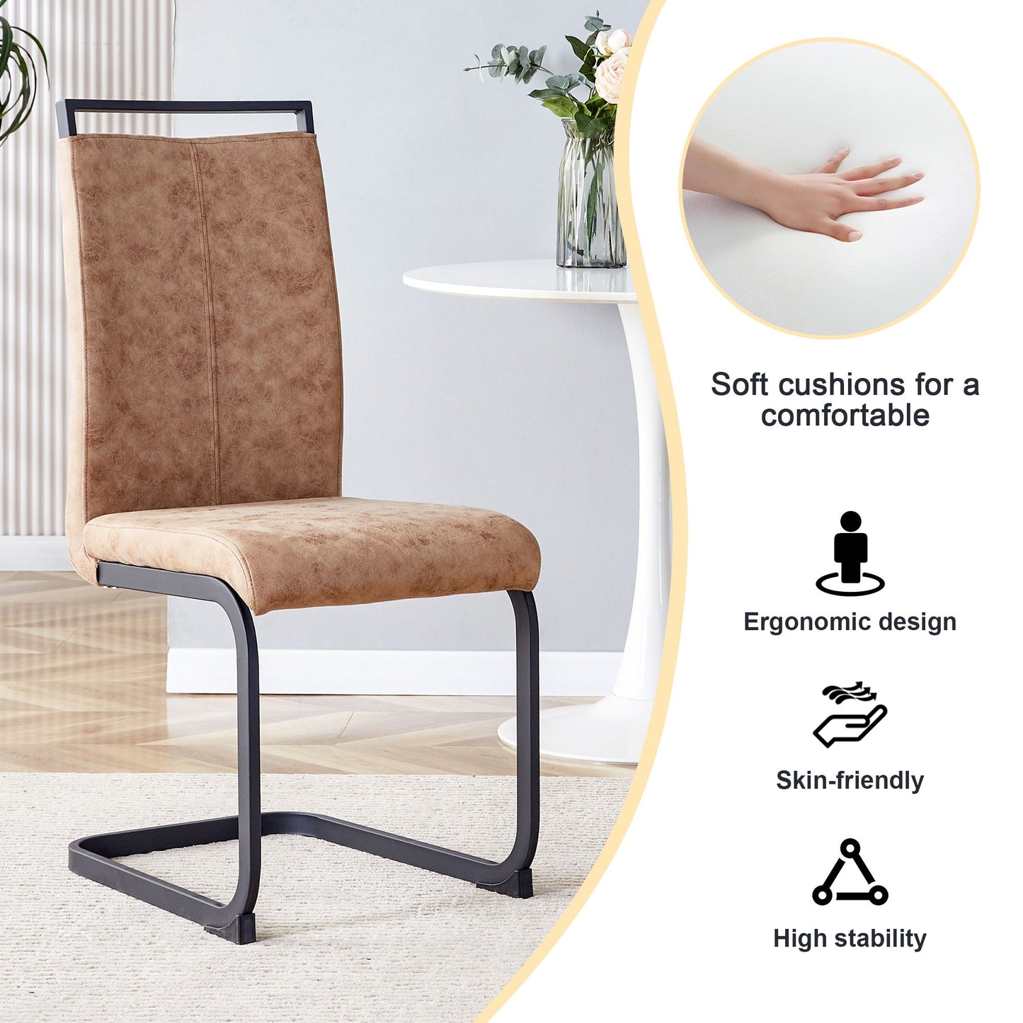 Dining Chairs,tech cloth High Back Upholstered Side Chair with C-shaped Tube Black Metal Legs for Dining Room Kitchen Vanity Patio Club Guest Office chair (Set of 2) Brown1162.